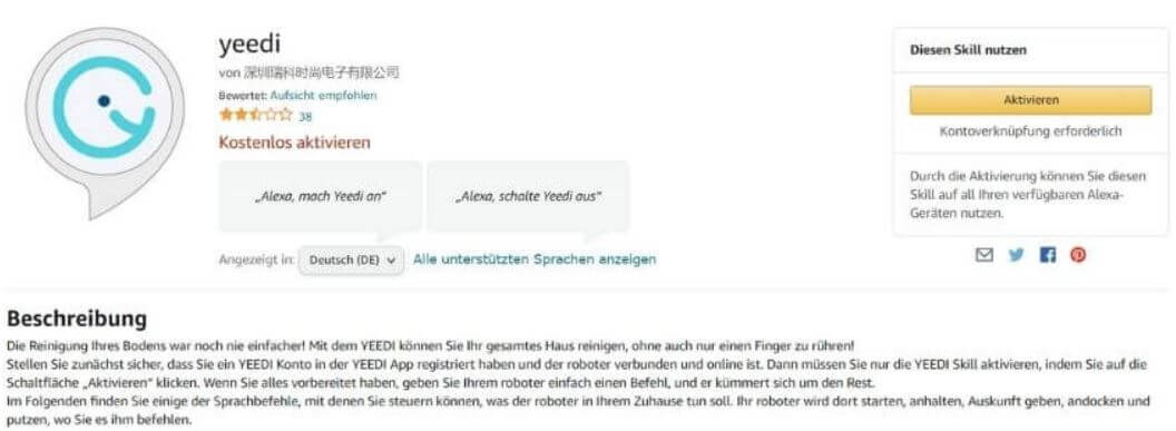 Der Yeedi Alexa Sprachassistent Skill wird aktiviert